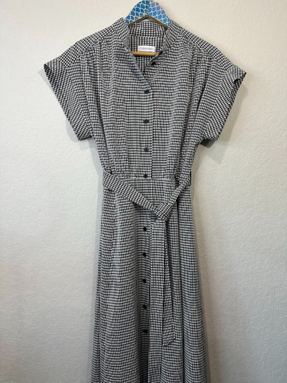 Calvin Klein Black White Check Gingham Picnic Pattern Midi Belted Dress size 12